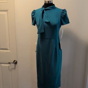 Maggy London Blue Sheath Dress with Puff Sleeves and Mock Neck